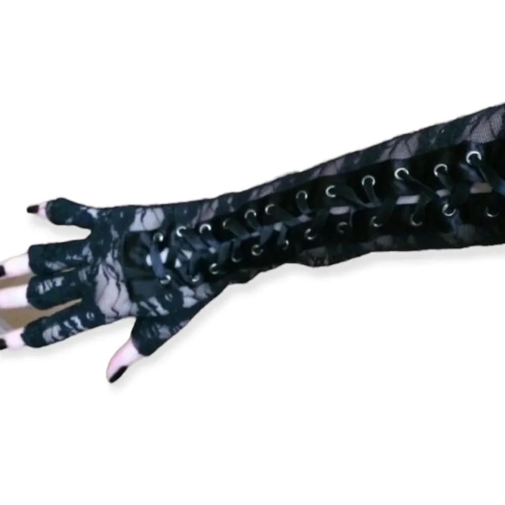 Long Black Lace Up Fingerless Gloves - NEW